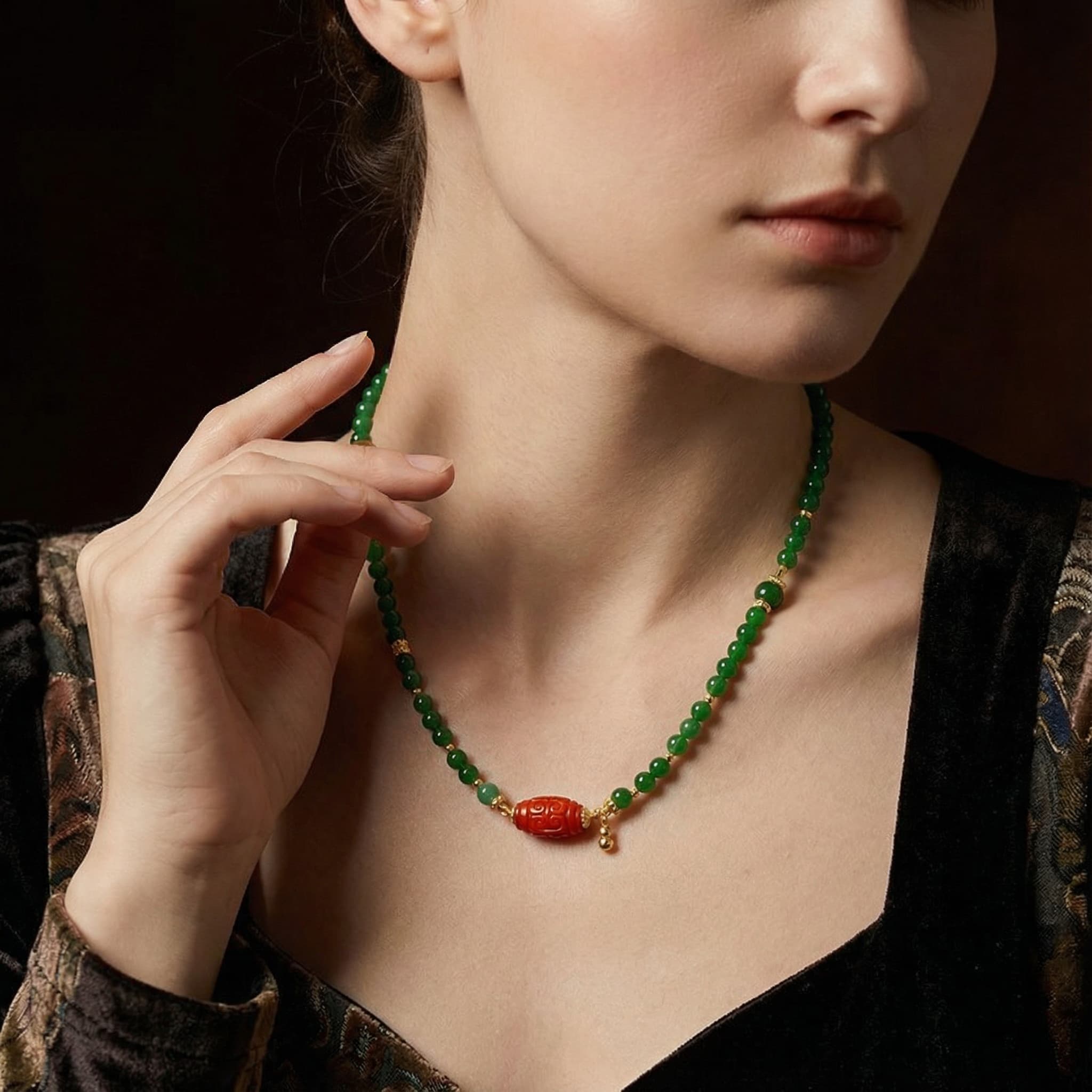 Emerald Symphony - Hetian Jade & South Red Necklace - Veilgem