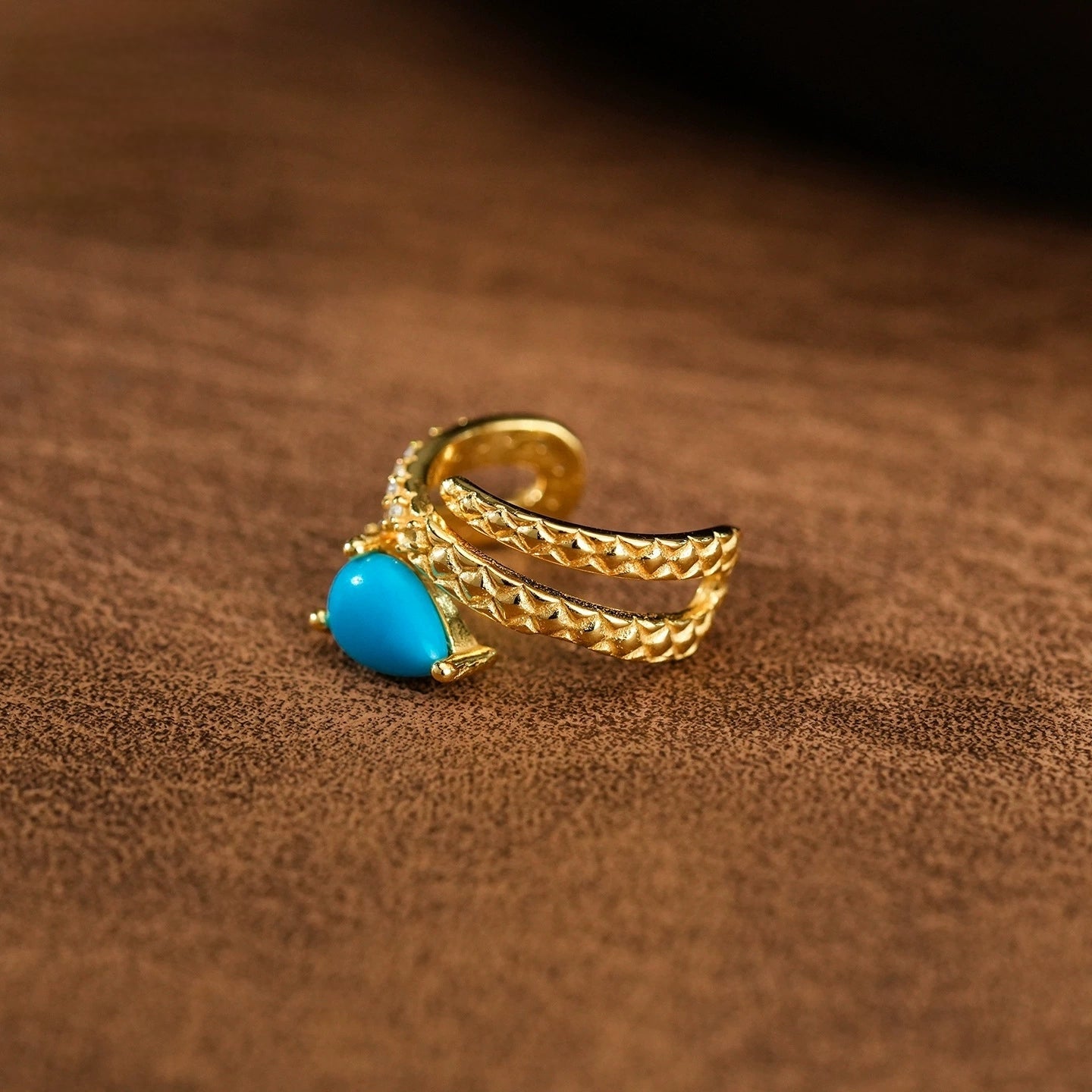 Luminous Teardrop Turquoise Ear Cuff: S925 Silver Plated 18K Gold Serpent Design - Veilgem