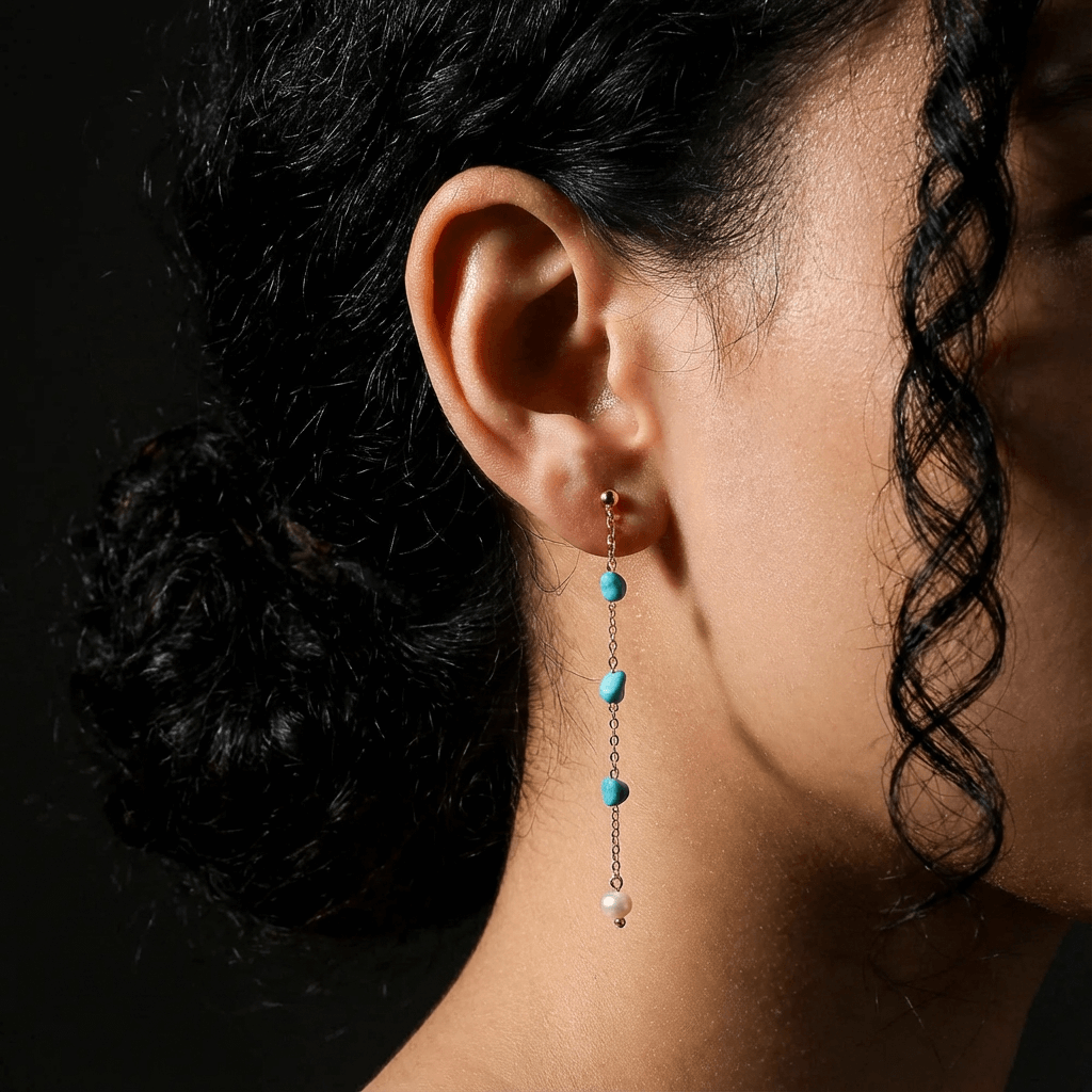 Ocean Whisper – Turquoise & Pearl Tassel Drop Earrings - Veilgem