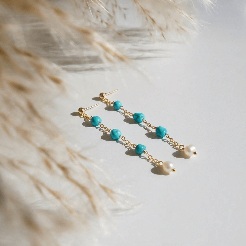 Ocean Whisper – Turquoise & Pearl Tassel Drop Earrings - Veilgem