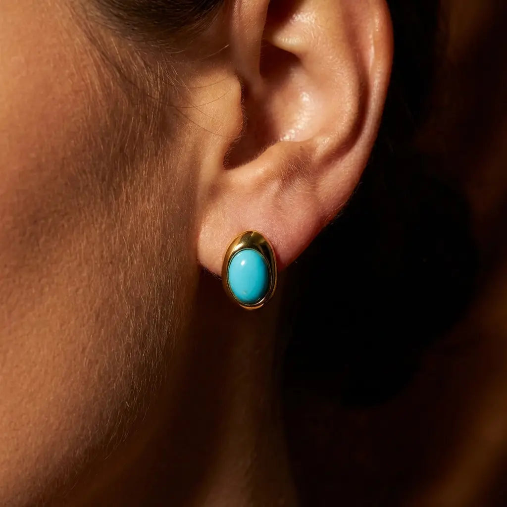 Natural Turquoise Stud Earrings in 18K Gold-Plated Sterling Silver - Veilgem